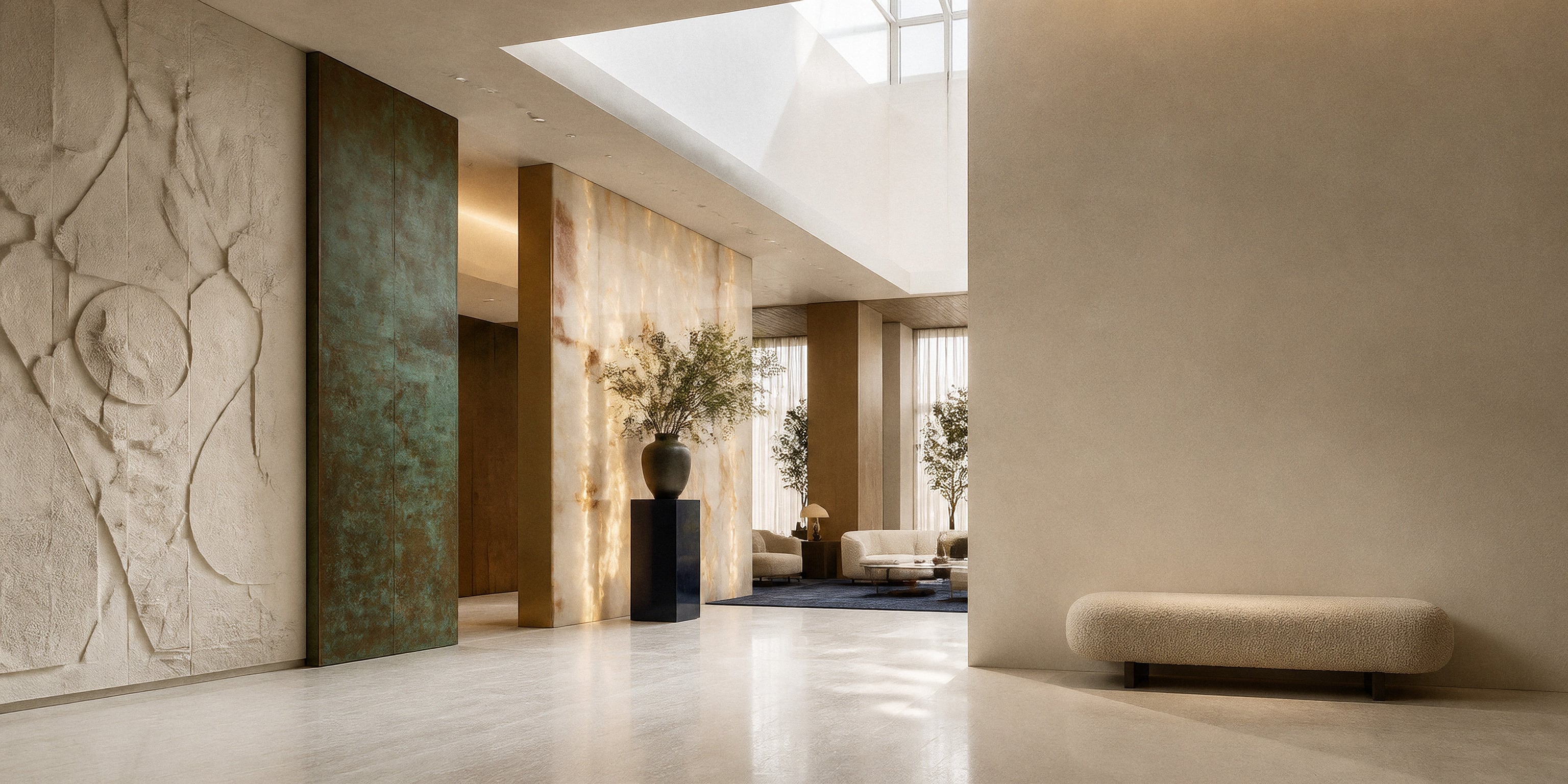 Luxury Italian interior with sculpted stone, patinated metal and backlit onyx surfaces